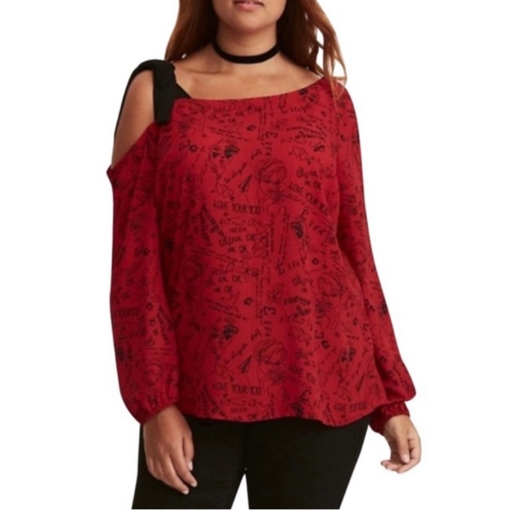 Torrid Love Yourself Romantic Bow Shoulder Red Blouse Valentine’s Day Feminine